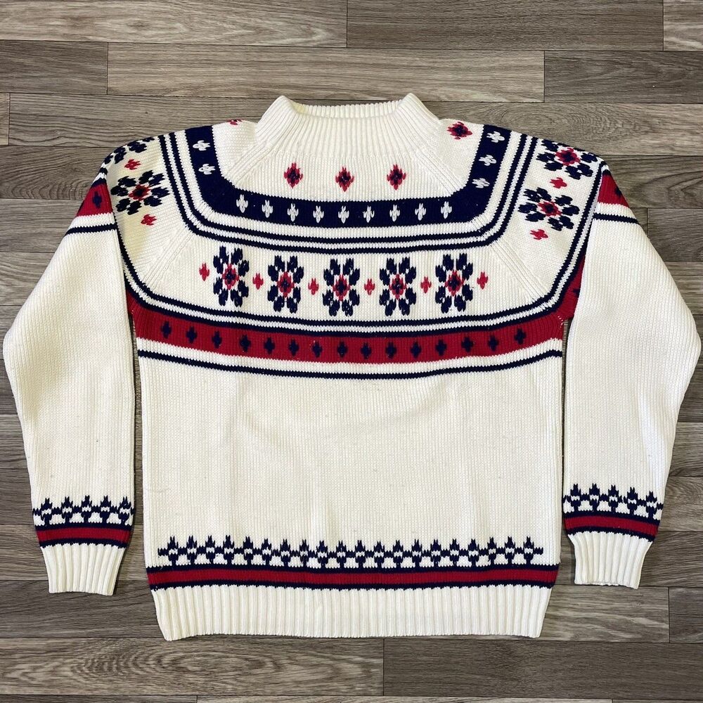 Vintage JC Penny Acrylic Knit Sweater Women’s Medium Fair Isle Nordic White Red